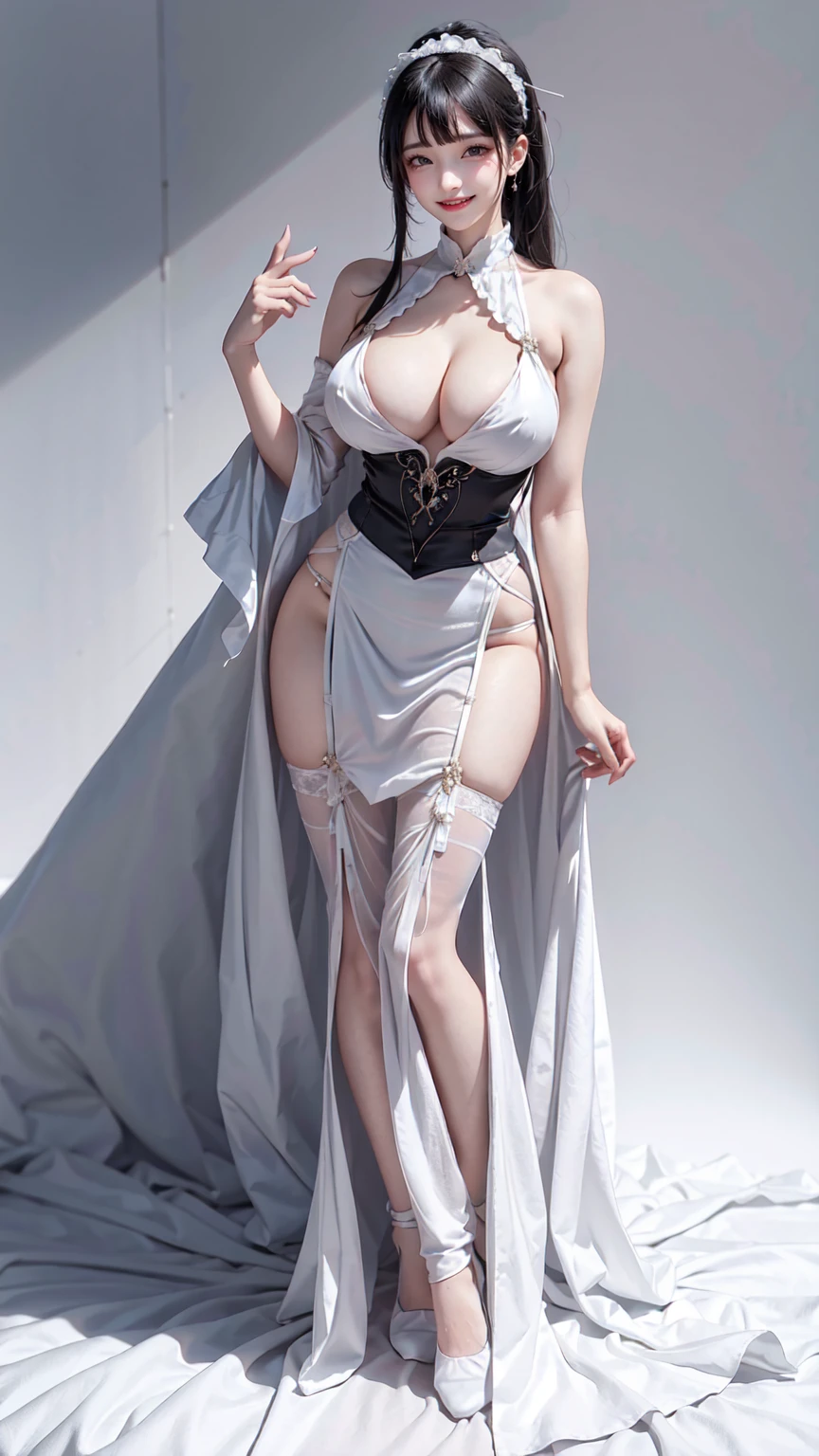 see through clothes(Full body female love:1.3)，best quality, masterpiece, ultra high resolution, (lifelike:1.4), original photo, 1 female,18 years old， black hair, big eyes, Detailed eyes and face,huge breasts，split，long legs，Belted robe open ，bare shoulder，no underwear:1.5,see through clothes，Hollow material white clothes，kitchen:1.3，Smile、sleeveless costume、((Maid clothes))、Extremely revealing clothing、A young but sexually attractive girl, pony tail