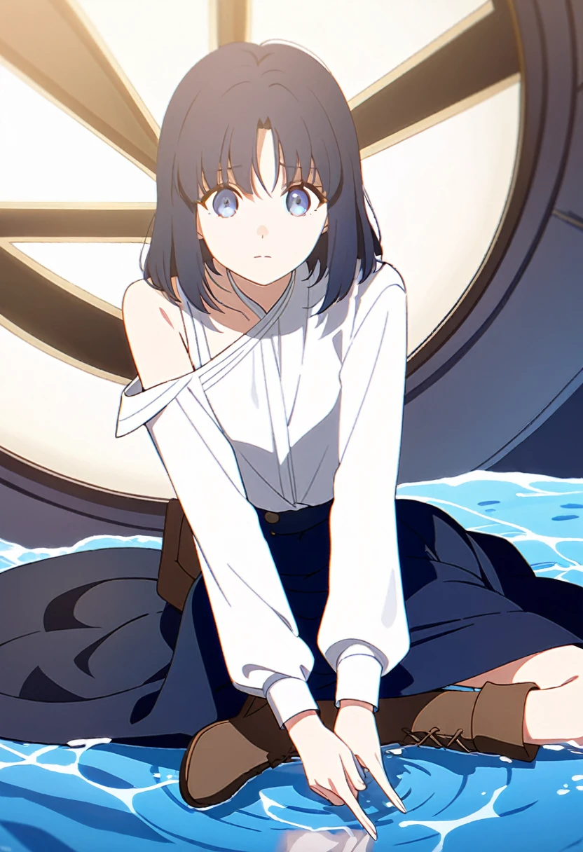 20 years old anime girl, with short dark blue hair to the shoulders, a serious yet tender expression, and bright light blue eyes. She dresses in an antique style, wearing a long dark blue skirt that reaches her knees, and small dark brown boots up to her ankles. Her white blouse is long-sleeved, covering her fingers slightly, and falls off one shoulder, leaving it exposed. She possesses water powers and has a water-themed background.