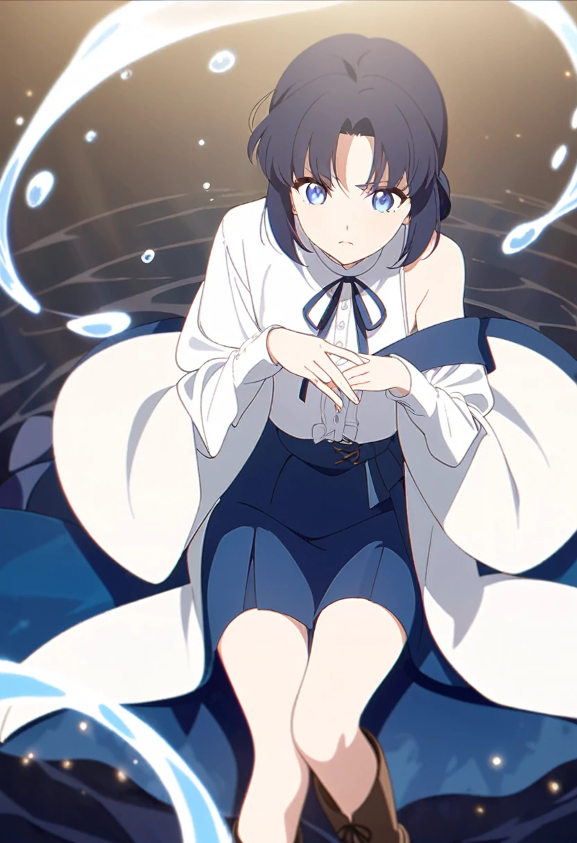20 years old anime girl, with short dark blue hair to the shoulders, a serious yet tender expression, and bright light blue eyes. She dresses in an antique style, wearing a long dark blue skirt that reaches her knees, and small dark brown boots up to her ankles. Her white blouse is long-sleeved, covering her fingers slightly, and falls off one shoulder, leaving it exposed. She possesses water powers and has a water-themed background.