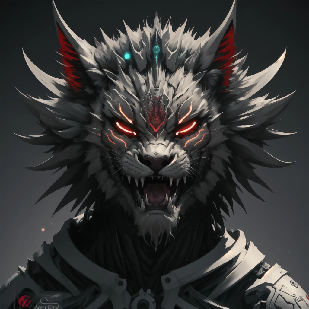 a design [lion] roarrr face, [soft neon light], sticker art, vector art, splash red blods, hight quality dark backgroud 