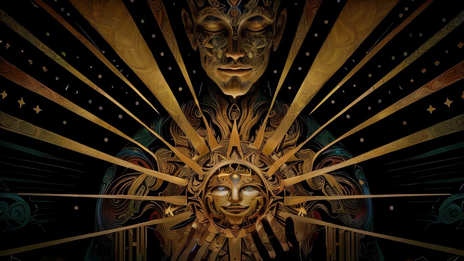 Create an intricate and visionary work of art that depicts a man with a radiant sun in the center of his chest, inspired by the styles of Dan Mumford and Alex Gray. Capture the artistic essence present in the visual works of the band Tool, with an emphasis on themes of enlightenment and spiritual awakening.

Imagine a detailed visual composition that conveys the profound experience of DMT-induced ego death and the opening of the third eye, influenced by the ethereal and detailed art of Alex Gray and Tim Hildebrandt.

Incorporate elements evocative of DMT entities and the psychedelic vibe found in psytrance art, seeking an epic, shamanic representation of spiritual exploration and transcendence.

This prompt aims to inspire a visually captivating and spiritually profound work of art, utilizing the symbolism of the radiant sun in the center of the chest to explore themes of spiritual enlightenment, without including the representation of the man&#39;s hands in the image.






