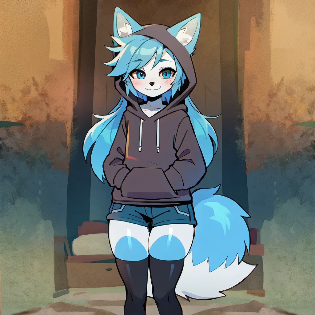 blue fur,fox, hoodie, thigh highs, fox femboy,long blue hair, AND DON'T MAKE THE SOCKS TOO TIGHT