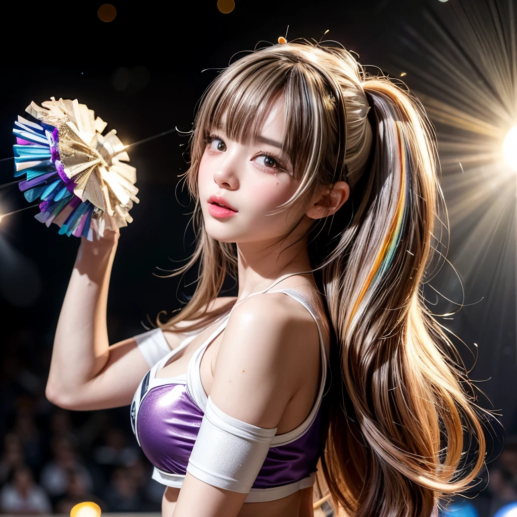 NSFW, 8k, High-level, absurd, masterpiece, best quality, primitive, very detailed CG, very detailed wallpaper, perfect lighting, Extremely detailed (((The personifying " LA Lakers チアリーダー " as a Little Girl))), MysticSight, Tyndall effect, Tyndall scattering, Studio gray background with (many Dazzling RainbowColor particles BokeH:1.28), (RoundlyButts, ThighGap), (Exposed:0.4), (Assfocus with looking ahead), BREAK (NOGIZAKA face variations) Extremely Detailed very KAWAII face variations, perfect anatomy, Childish, captivating gaze, elaborate detailed Eyes with (sparkling highlights:1.28), long eyelashes、Glossy RED Lips with beautiful details, Coquettish tongue, Rosy cheeks, Radiant PearlSkin with clear transparency . { (Dynamic LifeLike expressions:1.4) | :d) }, (large eyes:-1) .