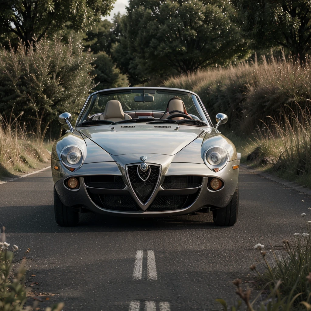 a alfa romeo spyder, sleek marron color, silver wheels, grassy field behind the road, intricate detail, sharp, high contrast, 35mm lens, f/1.2, octane render