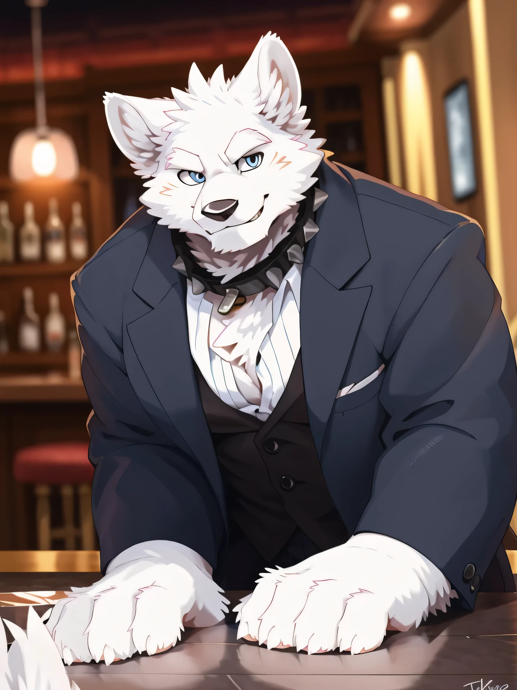 ((all white fur:1.5)), solo, Perfect sky blue eyes, Spike Collar, (artist:Takemoto Arashi), Mature face, elder, longeyelashes, ((Thin and tall figure)), ((sit on the ground)), fang out, Smile evilly, oral invitation, maliciously, Wearing a suit, Bar interior scene, bar, Movie Light Effects, Movie Posters, Holding a red wine glass, Reveal most of the background, Tilt your upper body towards the camera, atmospheric perspective, super detail, high details, 8k