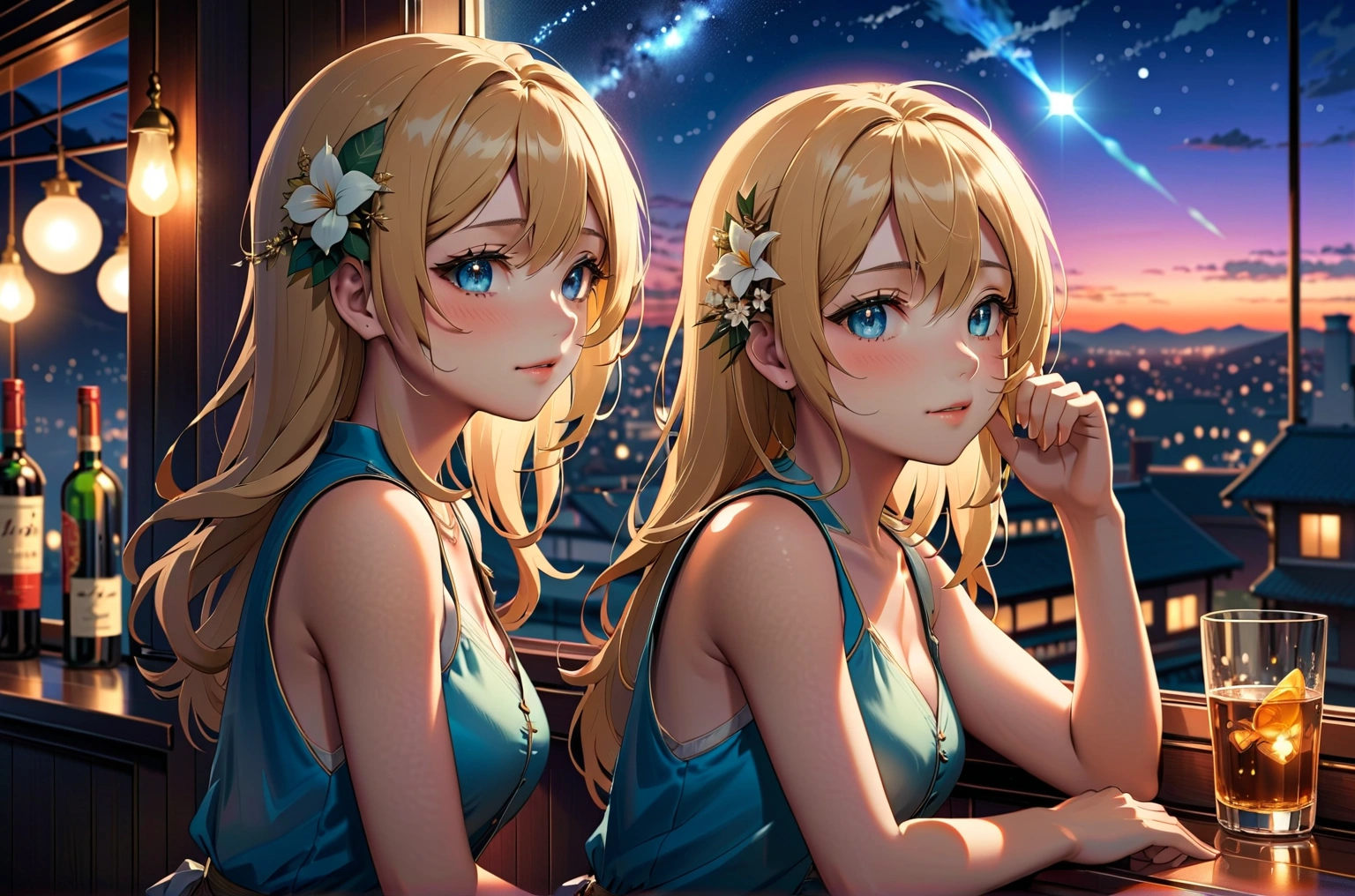 Uses Makoto Shinkai'The depiction is perfect,Portrait of Riyoko Takagi 8k 4k masterpiece photo ,Glass ceiling jazz bar,Outside the window is a dim night view,The stars are twinkling in the sky,Profile close-up,Semi-long hair,sexy,Large bust,Wearing a sleeveless shirt,blonde,Draw fingertips and toes more accurately,The most beautiful woman in the world,Age 35,