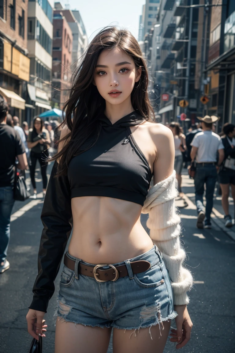Girl in street scene, Hip-hop belly-baring hoodie, Long sleeve，Exposed lower abdomen，Low-rise shorts, Metal belt,((cowboy shot))，Looking at the camera，Detailed facial features, beautiful eyes, Lips, and long eyelashes, Reality, 8K， HD real skin，Visible pores，Very detailed, Studio Lighting, Dramatic Lighting, Vibrant colors, work, City Streets，The abdomen is open，Showing belly，Sexy abdominal muscles