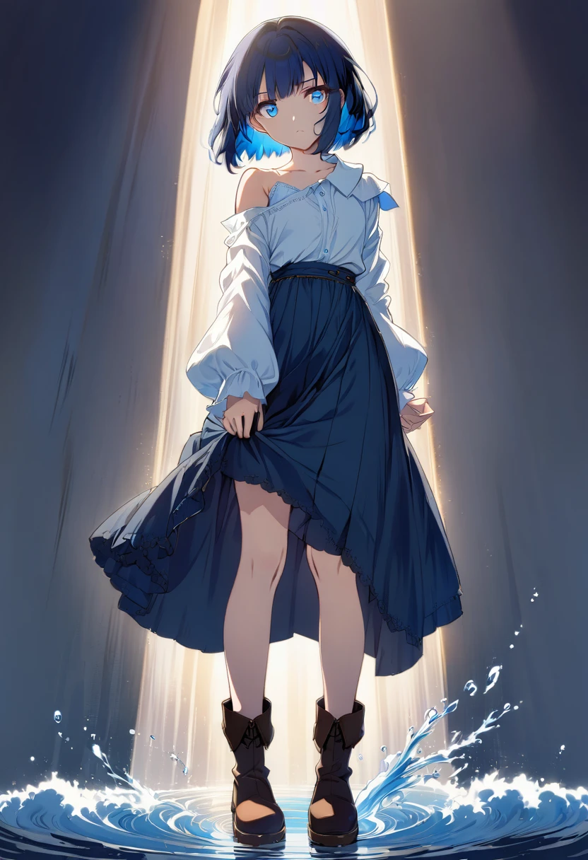 20 years old anime girl, with short dark blue hair to the shoulders, a serious yet tender expression, and bright light blue eyes. She dresses in an antique style, wearing a long dark blue skirt that reaches her knees, and small dark brown boots up to her ankles. Her white blouse is long-sleeved, covering her fingers slightly, and falls off one shoulder, leaving it exposed. She possesses water powers and has a water-themed background.