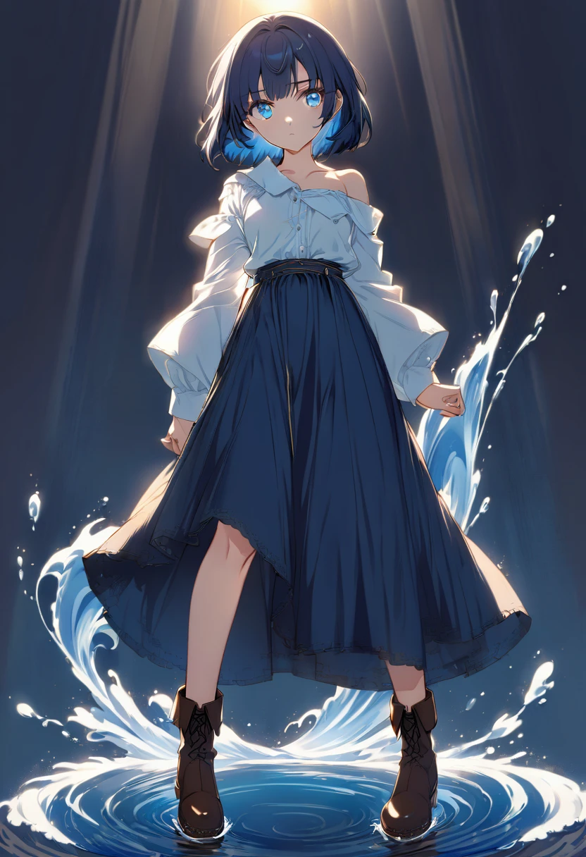 20 years old anime girl, with short dark blue hair to the shoulders, a serious yet tender expression, and bright light blue eyes. She dresses in an antique style, wearing a long dark blue skirt that reaches her knees, and small dark brown boots up to her ankles. Her white blouse is long-sleeved, covering her fingers slightly, and falls off one shoulder, leaving it exposed. She possesses water powers and has a water-themed background.