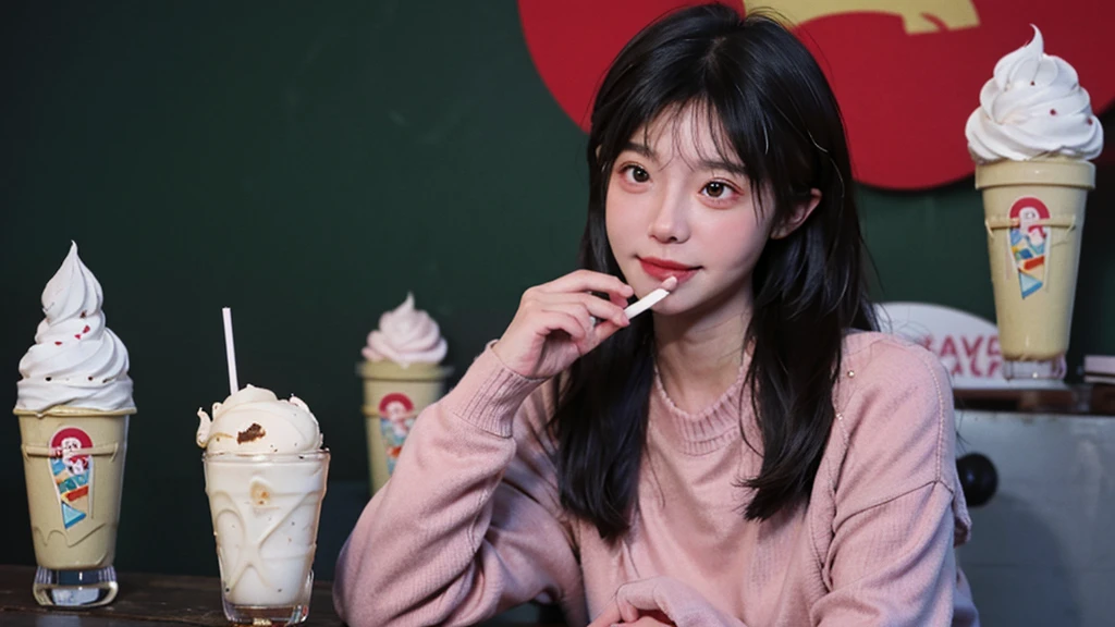 best qualtiy， Ultra-high resolution， （realisticlying：1.4），cute hairpin，1girll，Red long-haired,Quartered sweater ，Blushlush，Beautiful woman with a slim figure:1.4, Pronounced abs，eat ice cream