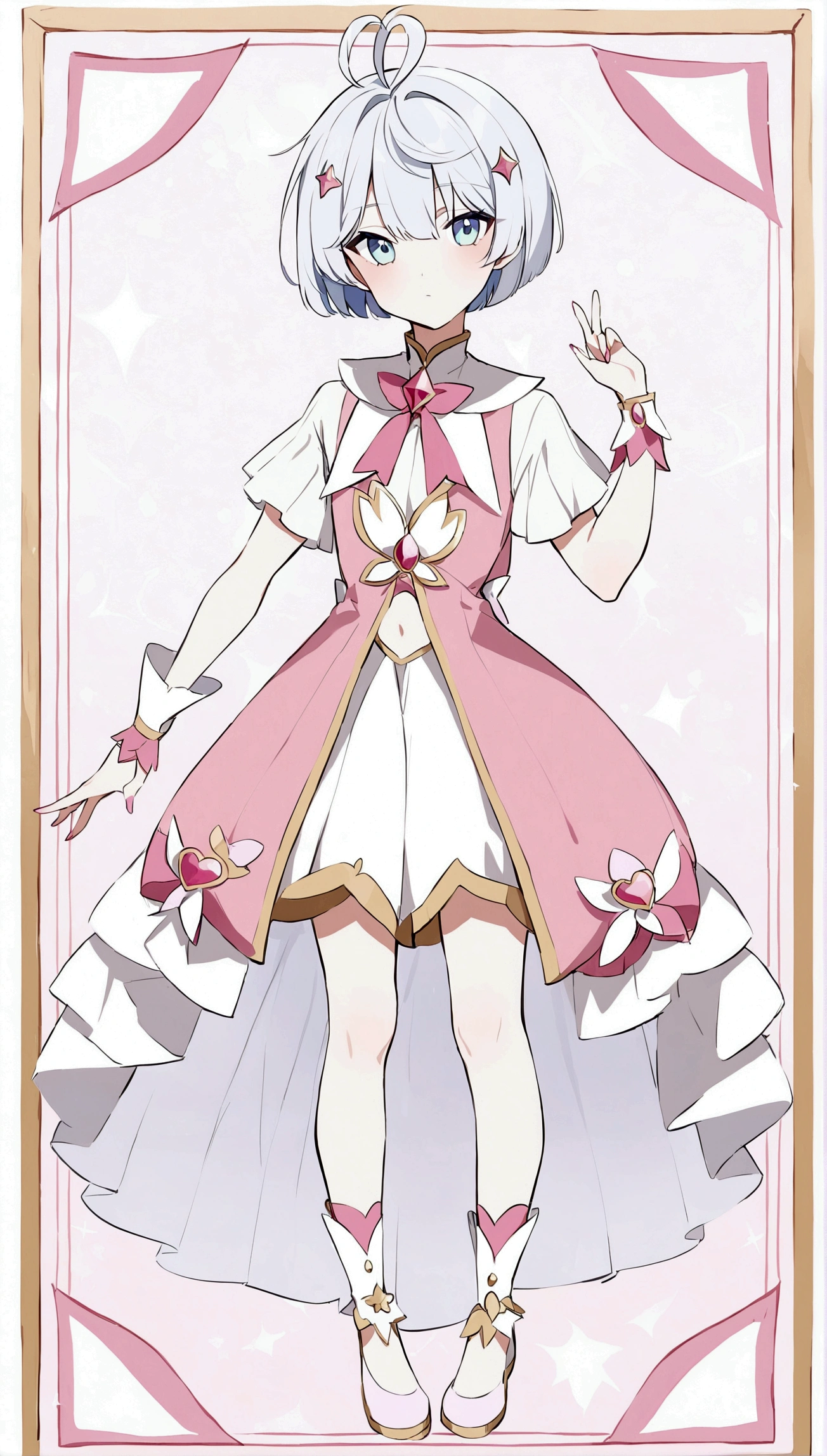 Tomboyish magical girl, short Hair Styles in a boyish Fashion, blie eyes, wearimg a magical girl Outfit with a masculine Touch, full Body in picture, lookimg at Viewer