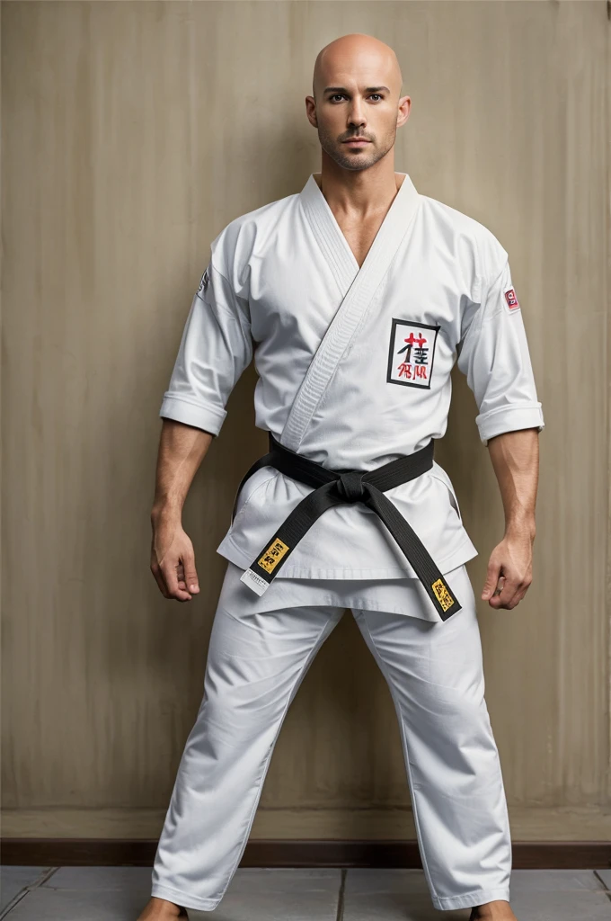 ((8k ((best quality)), ((masterpiece)), (very detailed), real face bald male muscular male full body wear karate suit stand by wall