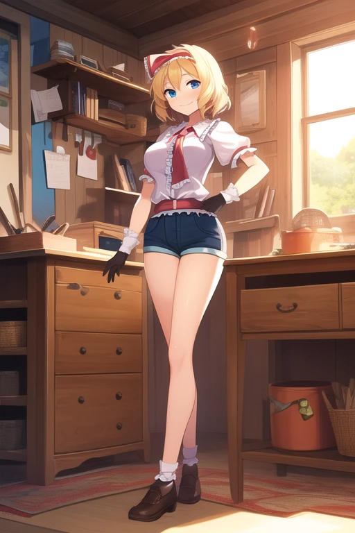 ((best quality)), ((masterpiece)), (detailed), 1girl, Touhou, Alice Margatroid, artisan, artisan tools, artisan workplace background, feminine shorts, short tube top, feminine short shirt, medium sized breasts, artisan gloves, holding artisan tools smiling expression, full body, wide shot, sun light