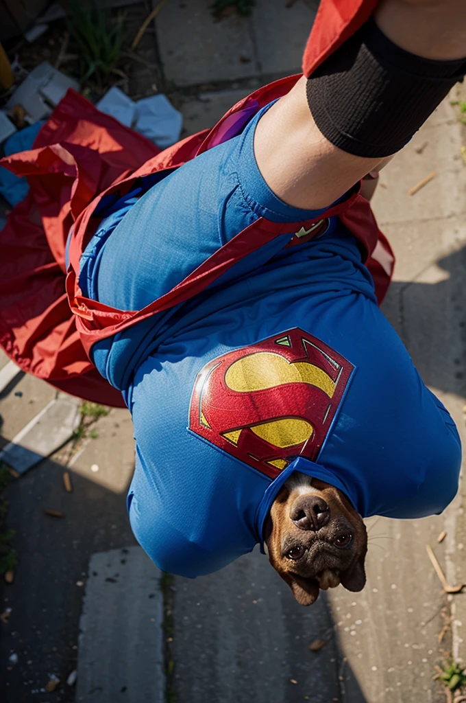 dog falling on a parachute dressed as super man