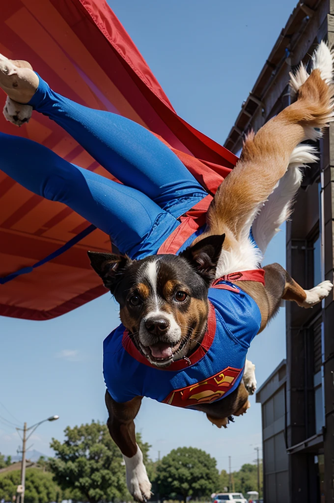 dog falling on a parachute dressed as super man