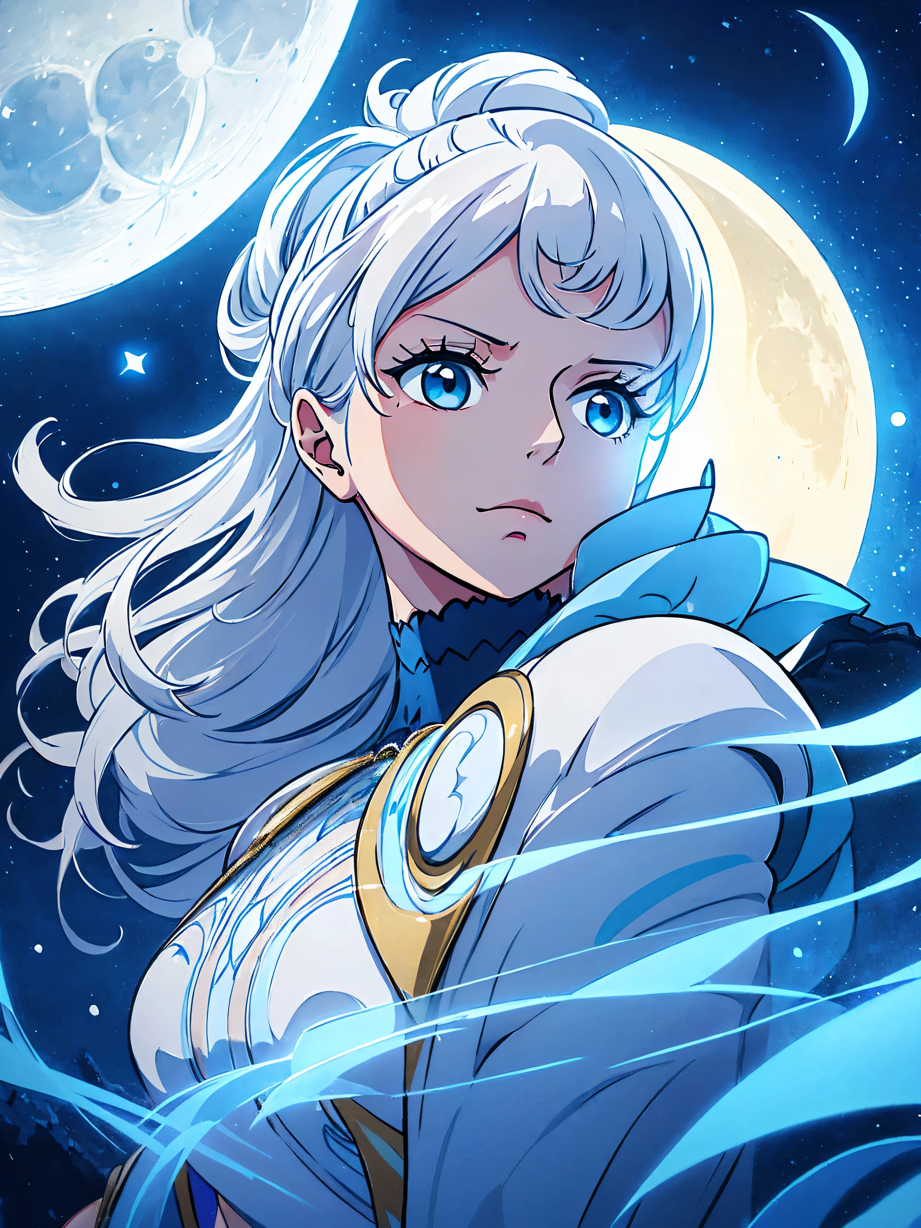 Masterpiece, (Best Quality: 1.2), (Super Fine: 1.2), Illustration, (Extremely Delicate and Beautiful: 1.2), Film Angle, Floating, (Beautiful Detail Eye: 1.1), (Detail Light: 1.1), Film Lights, Delicate Sky, Woman, White Hair, Blue Eyes, (High Ponytail: 1.1), Cloak, Glowing Eyes, (Moon: 1.2), (Moonlight: 1.1), Starry Sky, (Light Particles: 1.1), Fog , snow painting, sketching, blooming