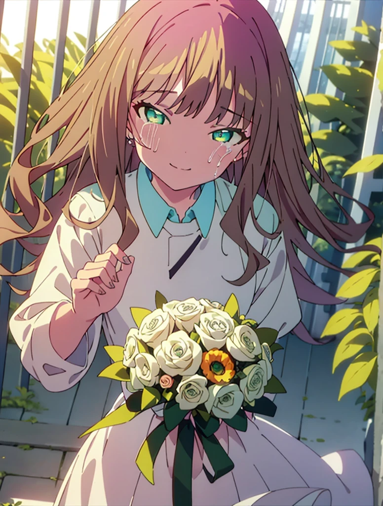 minami yume ,sss Dynazenon ,Long Hair, Brown Hair, (Green Eyes:1.5) ,smile,Wedding dress,Wedding Skirts,holding a large bouquet of flowers in both hands,Tears stream down her face,Tears of joy,I cry a lot,Stand Glass,
break outdoors, Association,Chapel,
break looking at viewer, whole body,(Cowboy Shot:1. 5) ,
break (masterpiece:1.2), Highest quality, High resolution, unity 8k wallpaper, (shape:0.8), (Beautiful and beautiful eyes:1.6), Highly detailed face, Perfect lighting, Highly detailed CG, (Perfect hands, Perfect Anatomy),