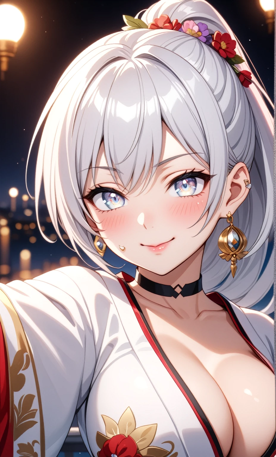 ((One personの女性)), Beautiful Face,Laughing shyly,((Wink:2.0)),Laugh with your mouth wide open((Bright red cheeks:1.4)),Glossy pink lips,night,rooftop,Festive decorations,You can see the ocean, firework,Laughing with your mouth open,Glossy pink lips,Lighting on the face,((Anime style background)),masterpiece, Highest quality, so beautiful,Latest, Complex details, (Pink long nails),(ring),(bracelet),(choker),AI-generated, Complex,High resolution, Highest quality, super high quality,3D Images、View your viewers、3D Images,One person,Long white hair,High Ponytail,(blue eyes),Anime woman posing for a photo, ((Fine grain、Silvery white colorful eyes、Shining Eyes:1.4)),(Squint your eyes:1.1),a hyperRealistic , hyperRealistic , Realistic,Anime woman with long and white hair, Smooth anime CG art, A woman in a colorful kimono with gold embroidery, (Black long sleeve kimono),Red floral pattern,Long flower hair ornament,Big earrings,Mature Body,(Big Breasts:1.1),Tall,Abdominal muscles,Narrow waist,(Zoom in on face:2.0),(Shooting from an angle:1.5),(Tilt the angle:1.3),