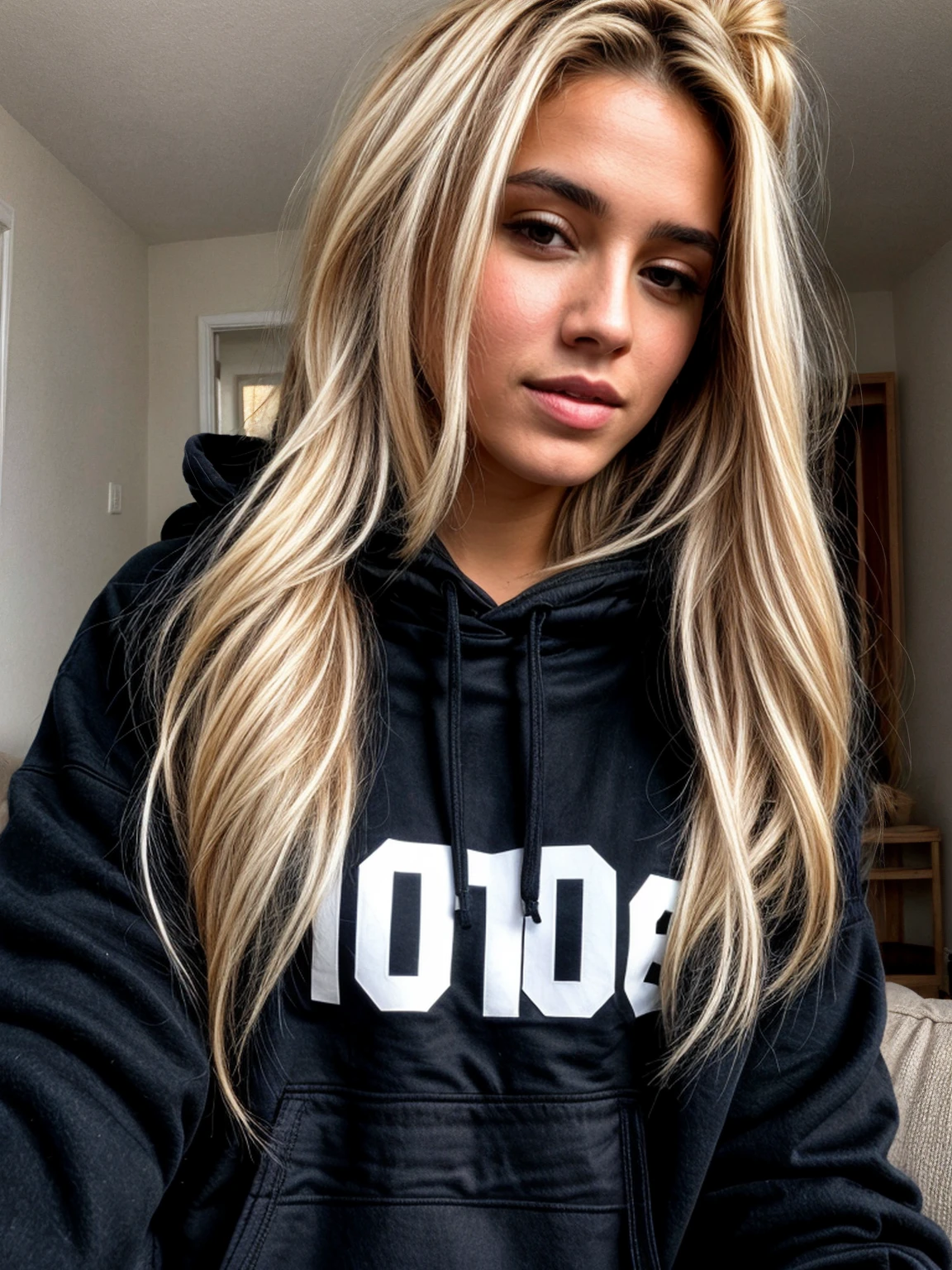 A 23-year-old blonde woman, ((hyperrealism)) , holding from under perspective, view from overhead blonde hair with dark brown roots. fake blonde, Hair with brown roots, cabello muy largo, really long hair, ponytail hair, Beautiful, , ((selfie)), photo taken with iPhone.sitting on a couch, selfie, high quality, selfie iPhone, with shirt on. ((hoodie with hood on))