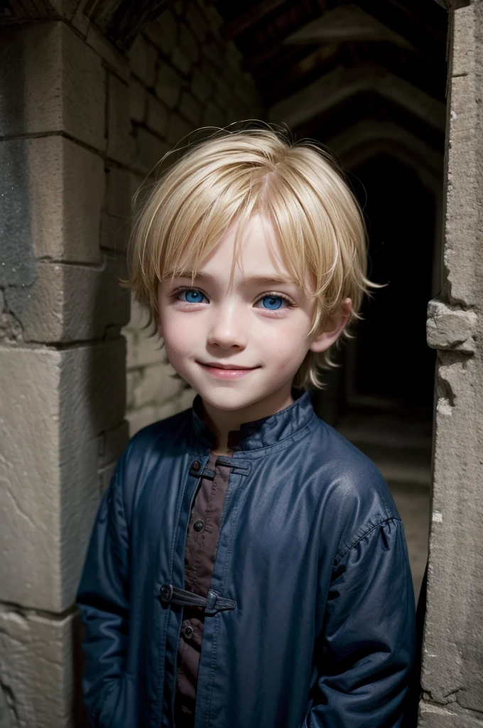 , medieval ages, vampire, cute, blonde hair, blue eyes, alone, in the shadows, hiding, smiling.