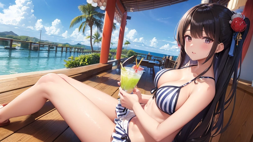 (1girl, Japanese Anime WAIFU style Cute girl), full-length, wearing colorful stripe micro-bikini with a lot of Ruffles, (serving at a trendy cafe at the pool of a luxury resort hotel on the plateau, carry trays with tropical drinks and snacks), masterpiece, top quality, 8K, wide-angle view, full-length, landscape