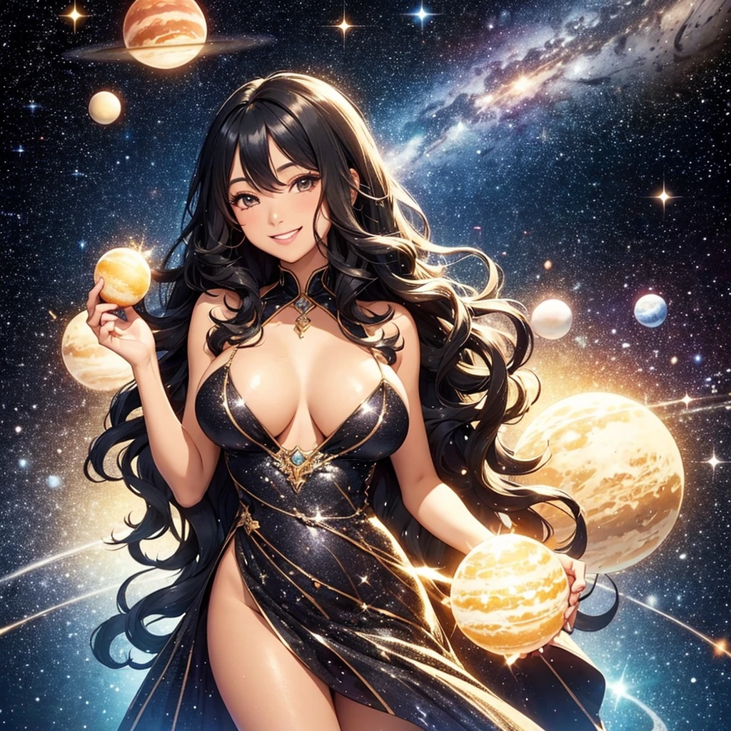 Woman with very long wavy big breast and black hair tan skin wearing a beautiful  glitter dress and smiling up. Little, surrounded by outerspace, planets, and galaxies