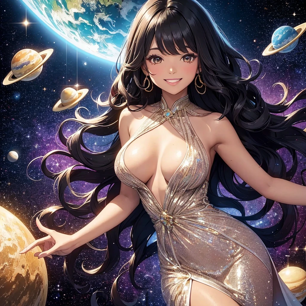 Woman with very long wavy big breast and black hair tan skin wearing a beautiful glitter dress and smiling up. Little, surrounded by outerspace, planets, and galaxies
