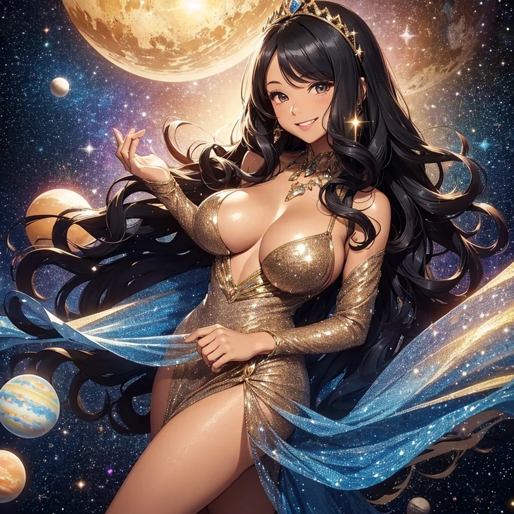 Woman with very long wavy big breast and black hair tan skin wearing a beautiful glitter dress and smiling up. Little, surrounded by outerspace, planets, and galaxies