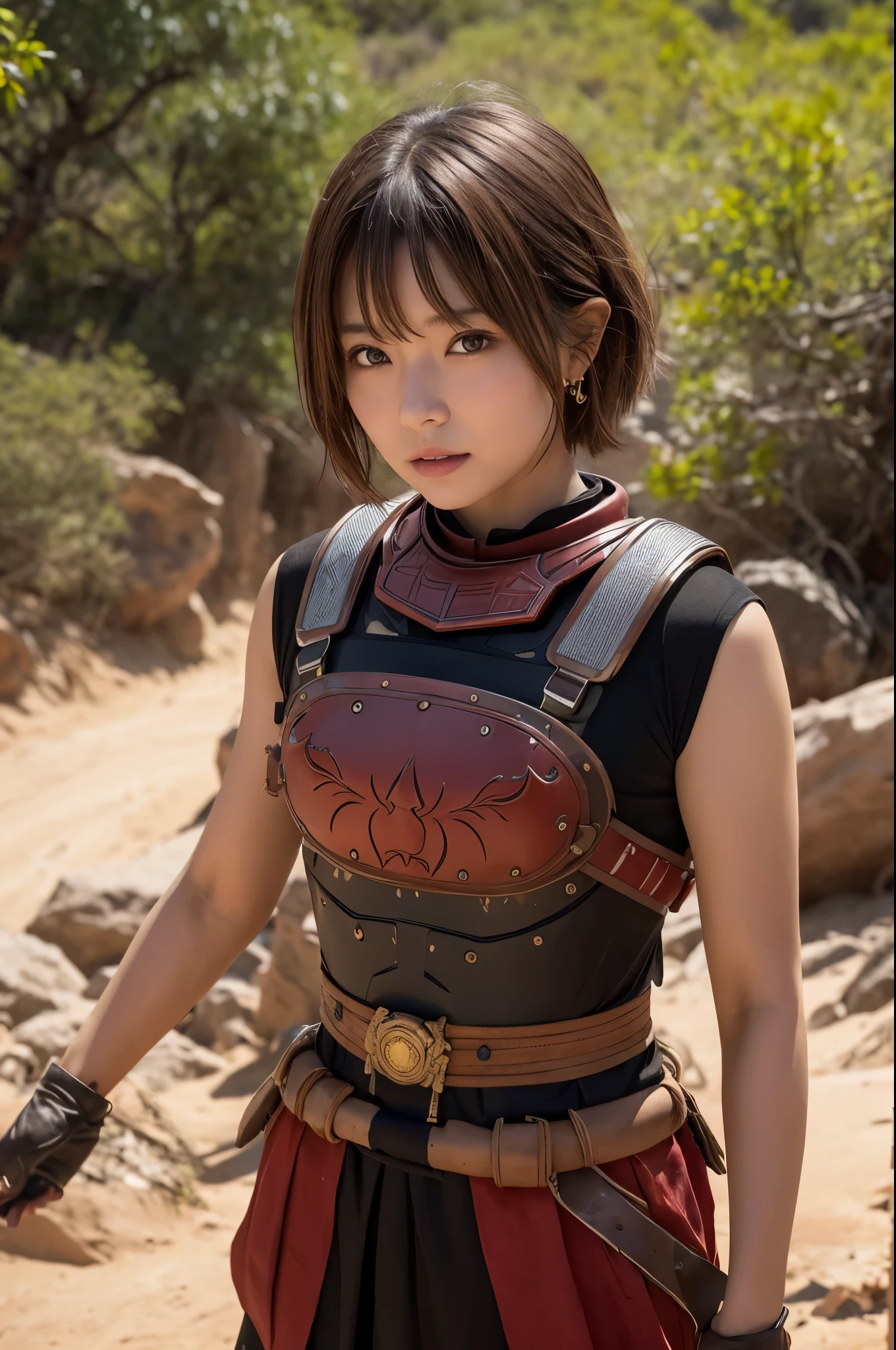8K,荒れた大地adventure者の衣装,Traveling through the dusty wilderness,Light brown short hair,so beautifulな日本の女性, A very large red and black breastplate(Devil's Crest),so beautiful(Like the real thing),Red and black shoulder armor for the left shoulder(Devil's Crest),Red and black combat trousers,sexy,deviantart artstation cgscosiety, 3DレンダリングCharacter Art8 K, Alena Aenami and Artgerm, Vojtek Fas, Artstation 8K のトレンド, Art Station HDのトレンド, Adventure Ultra-Realistic Rendering, Perfect body with realistic shading, Photorealistic perfect body, Ultra-high resolution,high quality,sexy,Brown short hair,Strongly defined abdominal muscles,Muscular and slim body,Muscular and lean lower body,close,masterpiece,最high qualityのフォトリアリスティックなRAW写真。Bright colors,Rich colors, Backlight, Cinema Lighting, Film Grain, to be born, 50mm lens, Nikon D850,Realistic Skin,Fantasy art,Character Art,Sharp Eyes,adventure,He has a long and big Japanese sword.,brown combat jacket,red and black gauntlets(Devil's Crest),Battle Scenes,Dynamic pose,shout,