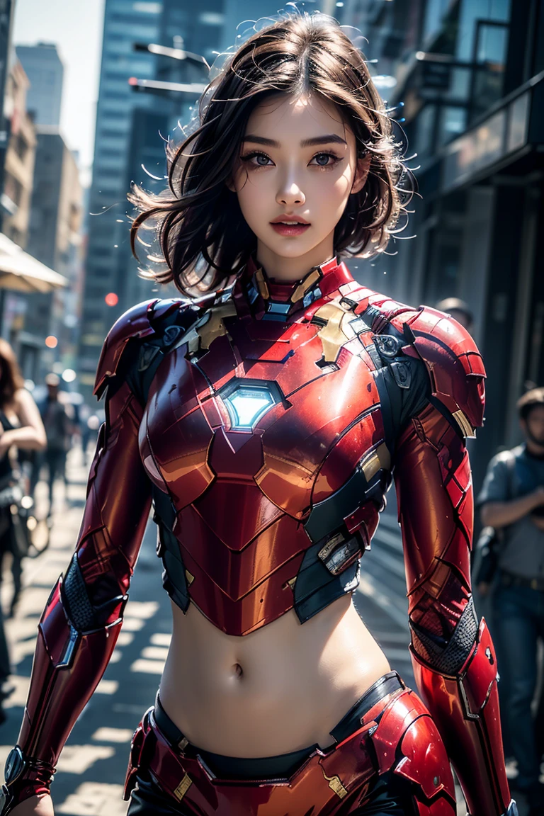 A girl wearing Iron Man armor,Exposing sexy belly,((cowboy shot)),Looking at the camera,Detailed facial features, beautiful eyes, Lips, and long eyelashes, Reality, 8K, Very detailed, Studio Lighting, Dramatic Lighting, Vibrant colors, work, City Streets,The abdomen is open,Showing belly,Sexy abdominal muscles