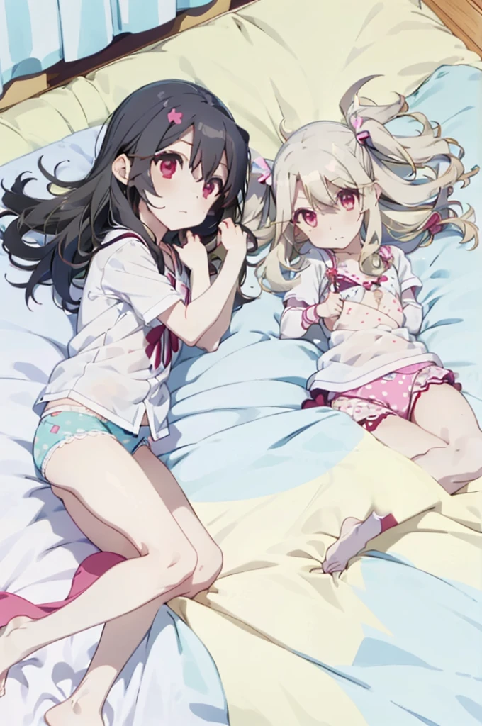there are two anime girl on a bed and a third one on the floor, illyasviel von einzbern, multiple girls, 2girls, underwear, black hair, panties, long hair, striped, miyu edelfelt, shirt, bra, red eyes, on side, hair ornament, lying, white shirt, open shirt, polka dot, blonde hair