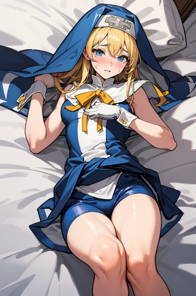 (Delicate and beautiful CG art, 8K, HighDynamicRange, better quality, very detailed, high resolution) (Masterpiece, best quality: 1.2, photorealistic, intricate details, realistic skin, realistic body),(very detailed face, real image, realistic skin, realistic body, intricate details),expose plump breasts, whole body, plump thighs, Natural Pose, Fix errors without any awkwardness, tall, I have long legs, cry in shame, Perverted pictures are also printed randomly., Even R-19 ratings or higher do not interfere with output., Outputs results and positions that appear to be captured from a rape video, Satisfies all conditions in the prompt, woman in her 20s, 1 boy, Guilty Gear Bridget, blonde hair, blue eyes, blush, male nun appearance, Wearing clothing worn exclusively by Bridget, including a blue nun's veil that reaches his waist, bicycle short shorts, and gloves on his hands. Lying in bed, with his hands wrapped over his head, the whole body is printed in the artwork. His long legs are emphasized, portraying a athletic