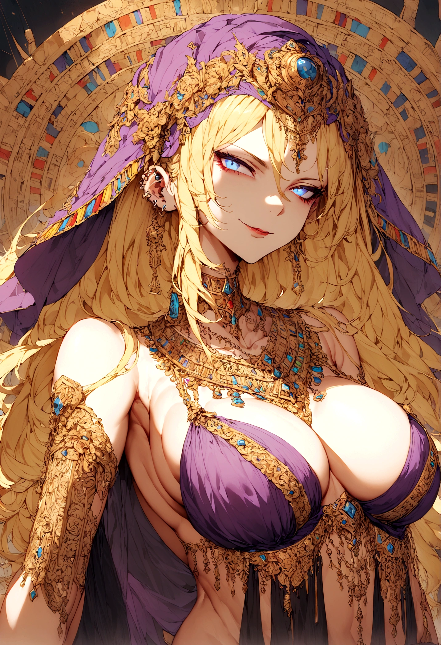 She has long blonde hair cascading down her back.Piercing blue eyes. Her outfit consists of delicate, thin chains and ornamental pieces that barely cover her body. mouth purple veil , with intricate jewelry adorning her neck, arms, and waist. evil smile, subservient, large breast, egyptian style clothng, 