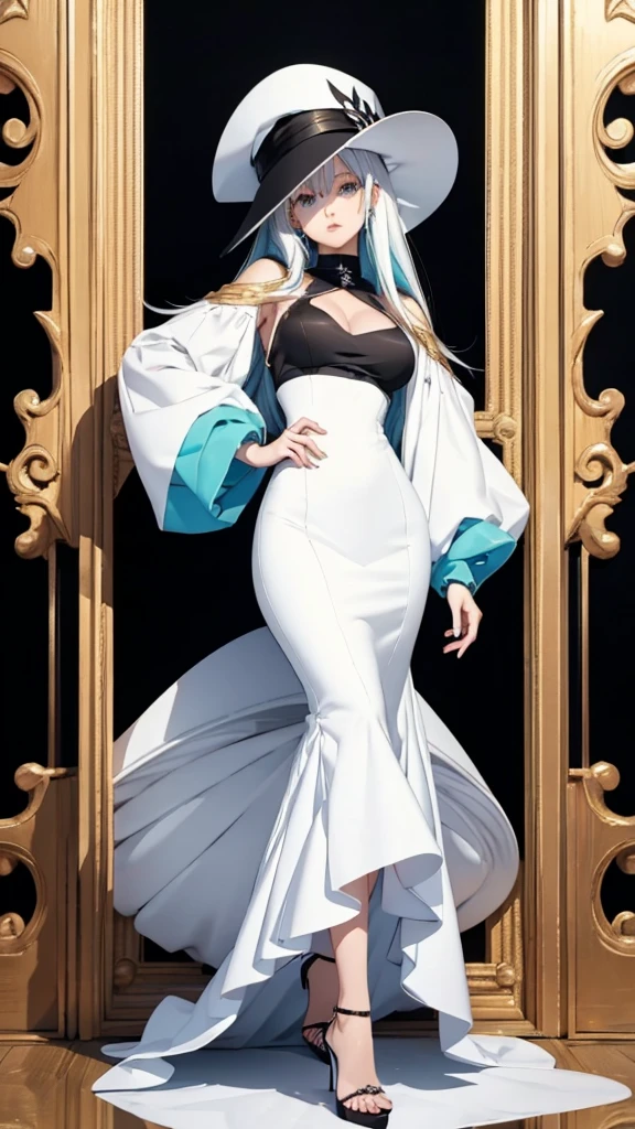 ((detailed)), ((anime)), adult woman, white-haired, cyan eyes, sleek black mermaid dress, white crop top jacket, gold accessories, black high heels, white wide-brim hat