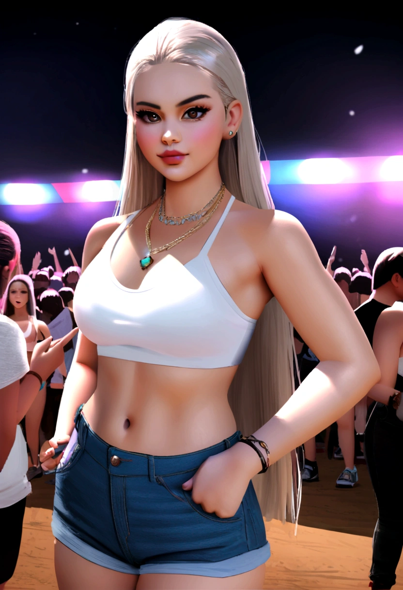 Pretty Slavic girl with straight hair, half high, half down, wearing a white bikini top, Denim shorts and sneakers with necklace at an edm festival, photorealestic, 4K, 