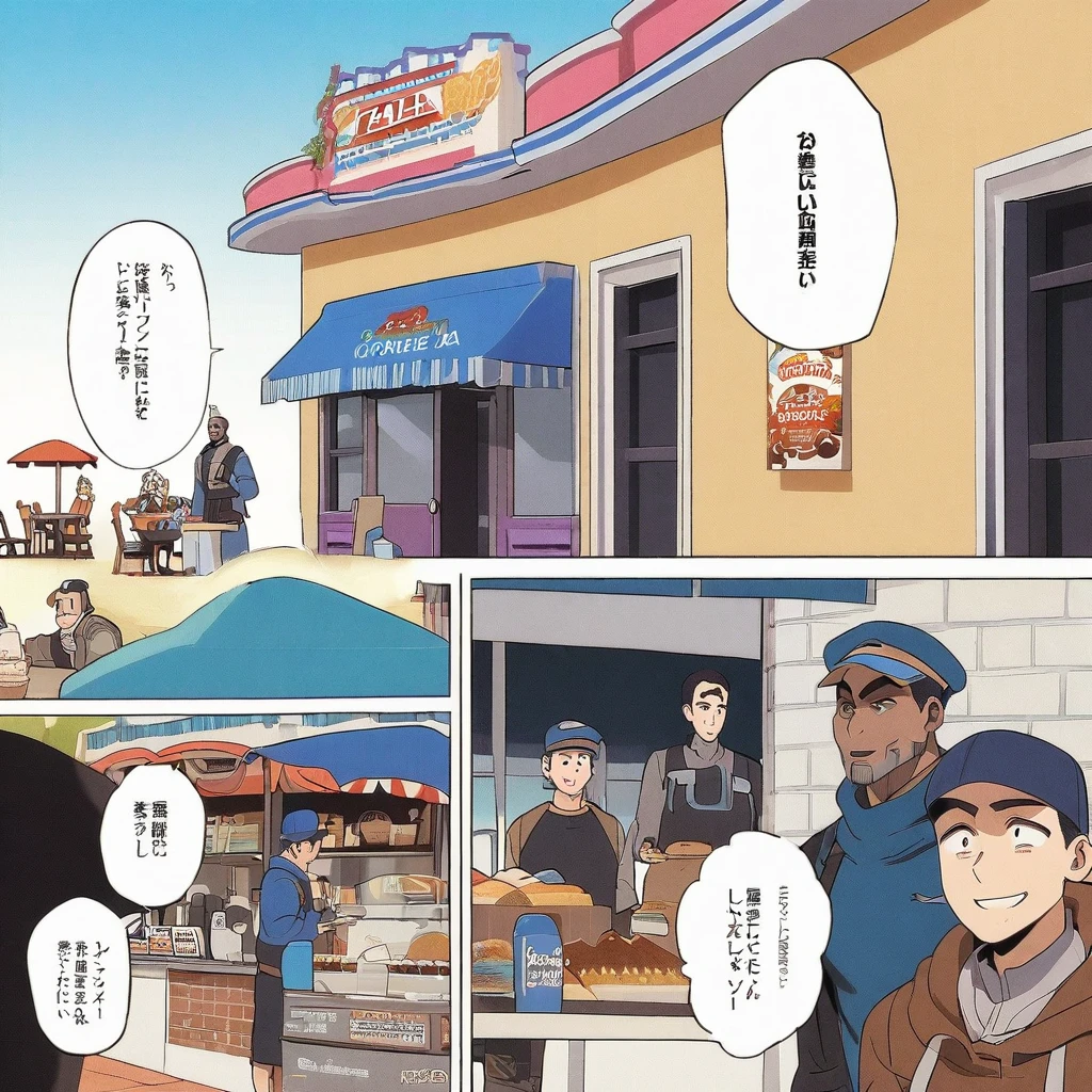 First page of a manga, Hooded boy talking to a coffee vendor, Bolhas de fala vazias, Anime style purple and blue manga, Boy with smile on face wearing cap, vendor in front of a diner delivering coffee, garoto e vendedor na rua vazia, bolhas de conversa, preto e branco, purple and blue manga