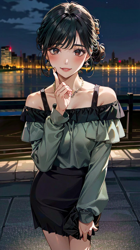 (masterpiece:1.3, Highest quality, Ultra-high resolution:1.2, Super detailed、8K), (Realistic, photoRealistic:1.4), Beautiful illustrations, Perfect lighting, colorful, Depth of written boundary, Beautiful detailed hair, Beautifully detailed face, Beautiful fine details, Droopy eyes、Beautiful clavicle, Beautiful body, 美しいLarge Breasts, Beautiful thighs, Beautiful feet, Beautiful fingers, View Viewer、Front view:0.6, Beauty1人, Japanese, Beauty、30 years old, Perfect Face, (Perfect Anatomy, Anatomically correct), Cute and symmetrical face, Baby Face, , Shiny skin,(Dark green off-the-shoulder blouse:1.4), ((Wraparound skirt:1.5)) 、(pumps:1.3)、(Black Hair, Updo Hair:1.4), braided bangs、Dark brown eyes, Large Breasts, Slim body, necklace, Small earrings:1.1, (Beautiful views), (night), (city, cityscape in the distance), Riverside、Are standing、 A soft smile、(Smile, Lips parted),