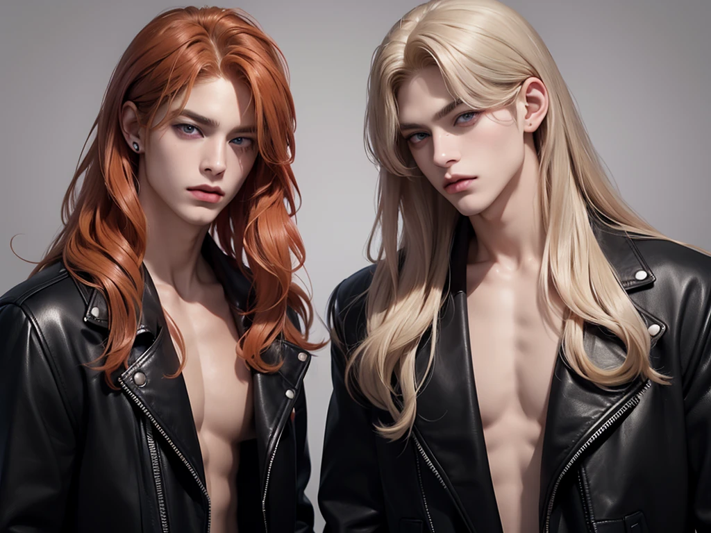 a taller redhead with long straight hair with red eyes and another blonde with long curly hair with gray eyes both with kimtaehyung bts faces, taehyung idol, tae bts, Taekook, both wearing black leather jackets without shirts, bare-chest, and a neutral background ((realist)) ((defined)) ((Perfect eyes))