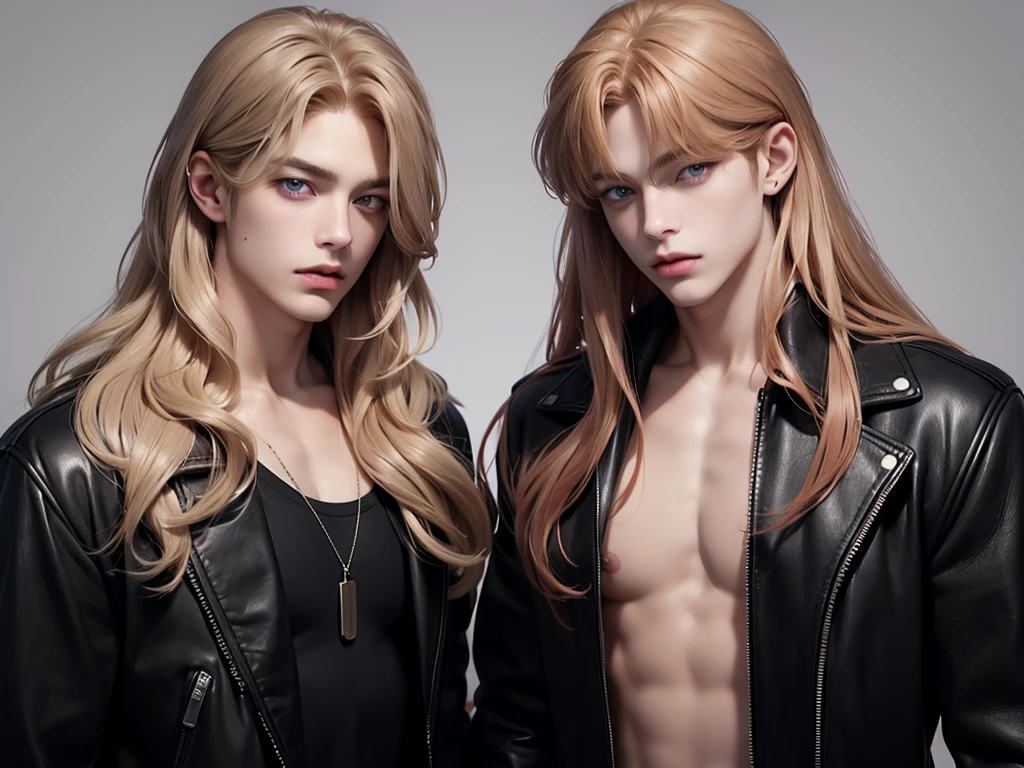 a taller redhead with long straight hair with red eyes and another blonde with long curly hair with gray eyes both with kimtaehyung bts faces, taehyung idol, tae bts, Taekook, both wearing black leather jackets without shirts, bare-chest, and a neutral background ((realist)) ((defined)) ((Perfect eyes))