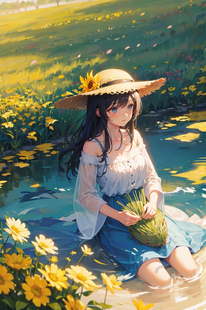 double exposure(Straw hat beauty:Flower Field)、