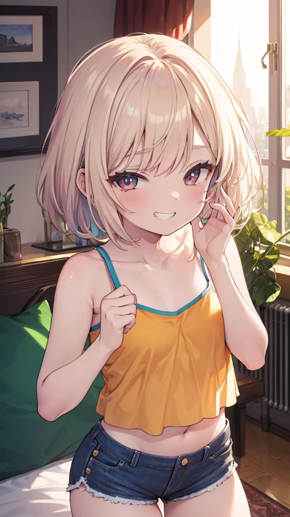 (masterpiece),(Highest quality),(Very detailed),(Best illustrations),(Best Shadow),Natural Light,(Detailed Background),(so beautiful)(masterpiece),(Highest quality),(Very detailed),(Best illustrations),(Best Shadow),(Detailed Background),(so beautiful), masterpiece, Highest quality, High resolution,,(masterpiece1.5),super high quality, Super detailed,Perfect drawing,girl(8K、Highest quality、Highest quality、masterpiece)、Detailed face、One Woman、short hair、to ridicule、Wicked Smile、((Grin))、((camisole))、((Shorts))、
