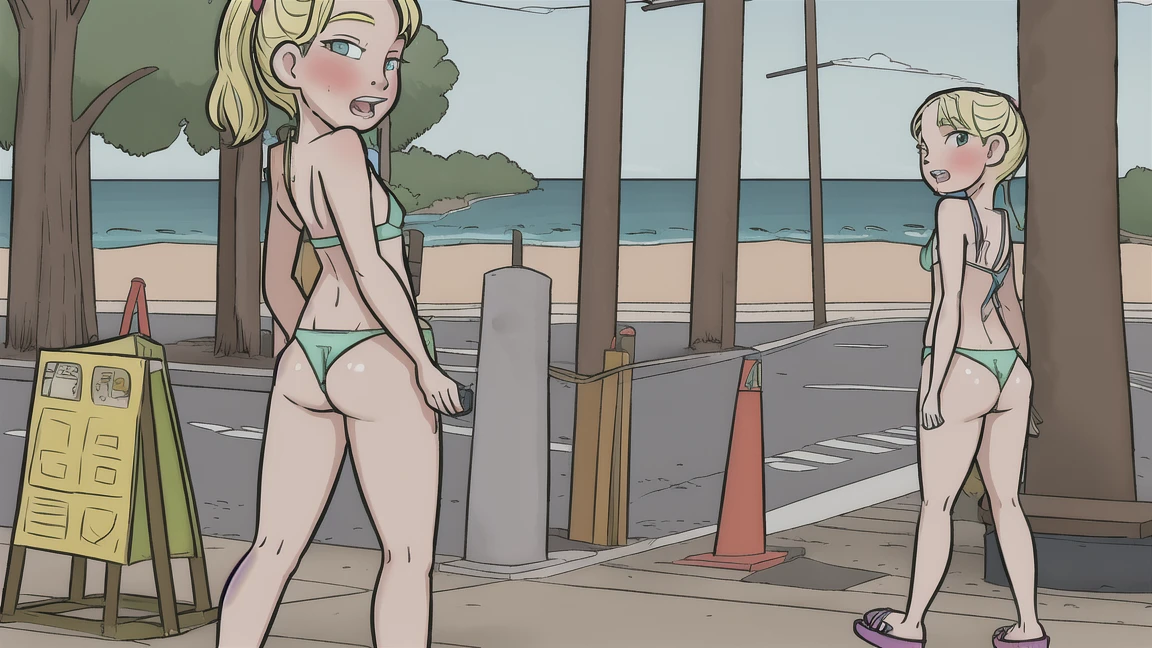 1girl, sexy 11yearold blonde slut is wearing a micro bikini and is walking down a boardwalk, a creepy old man is walking behind her and is taking photos of her ass with his phone.