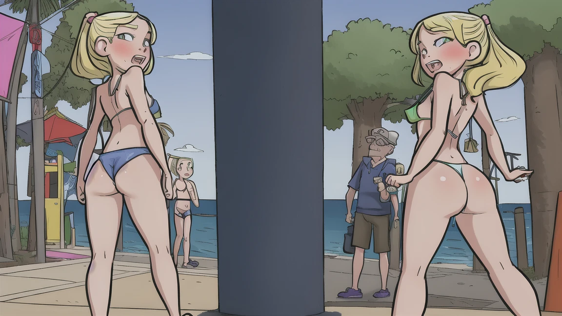 1girl, sexy 11yearold blonde slut is wearing a micro bikini and is walking down a boardwalk, a creepy old man is walking behind her and is taking photos of her ass with his phone.