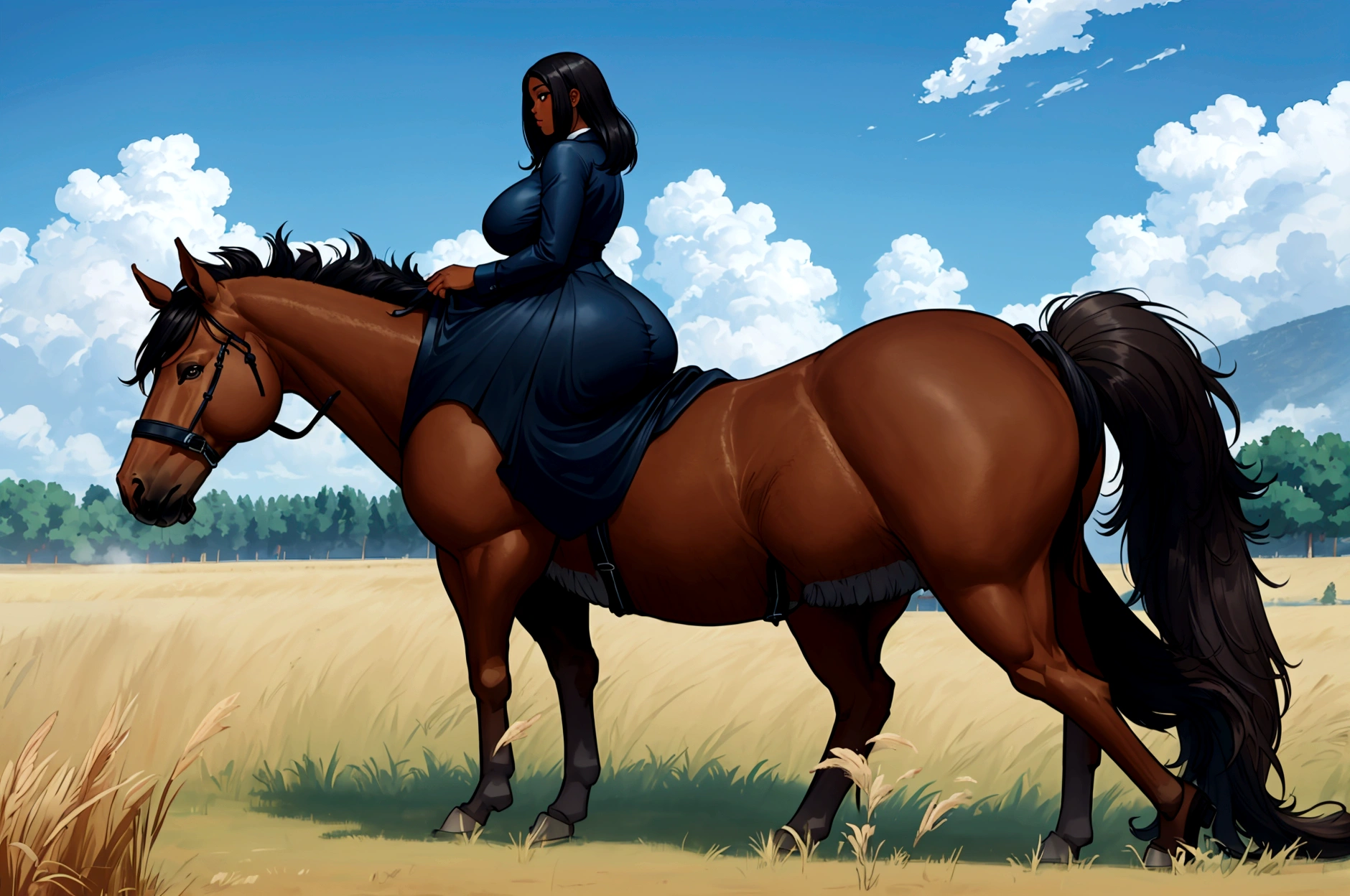 full side view of a big Belgian draft horse  mare with a huge bum and a very short tail. horse facing horizon . ridden by a  BBW very full figured dark skinned BBW nude African woman. flat grass meadow. looking to horizon . a  single huge  pile of steaming horse dung on the ground behind horse.   cloudless blue sky. 