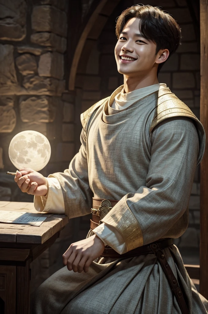 Jimin from BTS with soft clothes in medieval times, smiling softly as the moon carefully illuminates him (masterpiece, top quality, Best Quality, official art, beautiful and aesthetic:1.2),