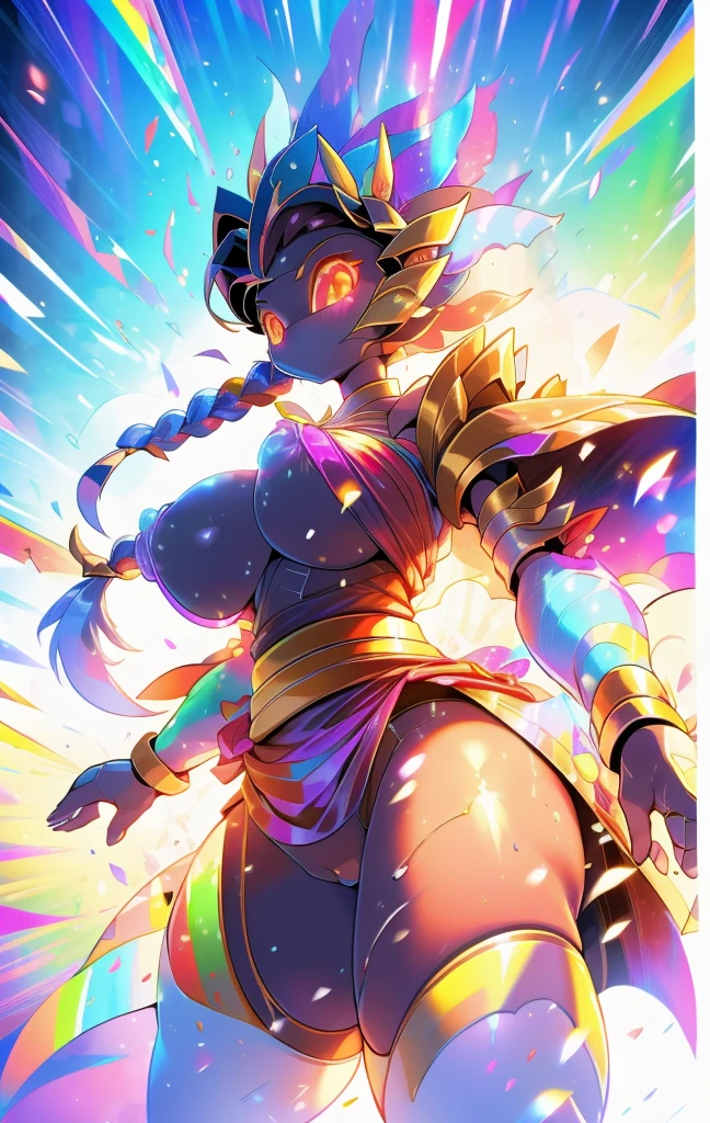 quality\(8K,Extremely detailed CG unit wallpaper, masterpiece,high resolution,top-quality,top-quality real texture skin,Surrealism,提high resolution,RAW photos,Best quality,Very detailed,,light,Ray Tracing,Golden Ratio\),Mechanical Girl,Doll girl,Glowing eyes,Doll eyes,matriarchal,braid,垂在胸侧的braid,mature body,Mature system,cloak,小cloak,小cloak,bandeau outfit,Off-shoulder dress,Strapless dress style,cute,gentle,gentle,kindliness,Slender figure,Close-up above the waist,Big breasts,Big Tits,belt,机械belt,Tights,Tights,宝石belt,宝石belt,White skin,White underwear,袍子front swing,front swing,Gradient over-the-knee socks,Nude Apron,Rainbow gradient color,Gradient color arm guard,Rainbow gradient sleeves