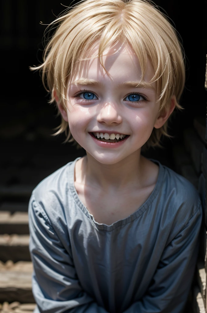 little boy, medieval ages, vampire, sharp teeth, cute, blonde hair, blue eyes, alone, in the shadows, hiding, smiling.