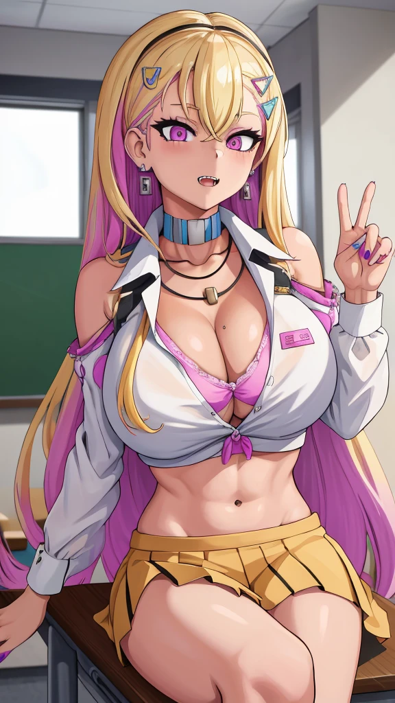 masterpiece, best quality, 1girl, solo, boryeonrnd, gyaru, tan, earrings, fangs, kogal, , classroom, large breasts, midriff peek,