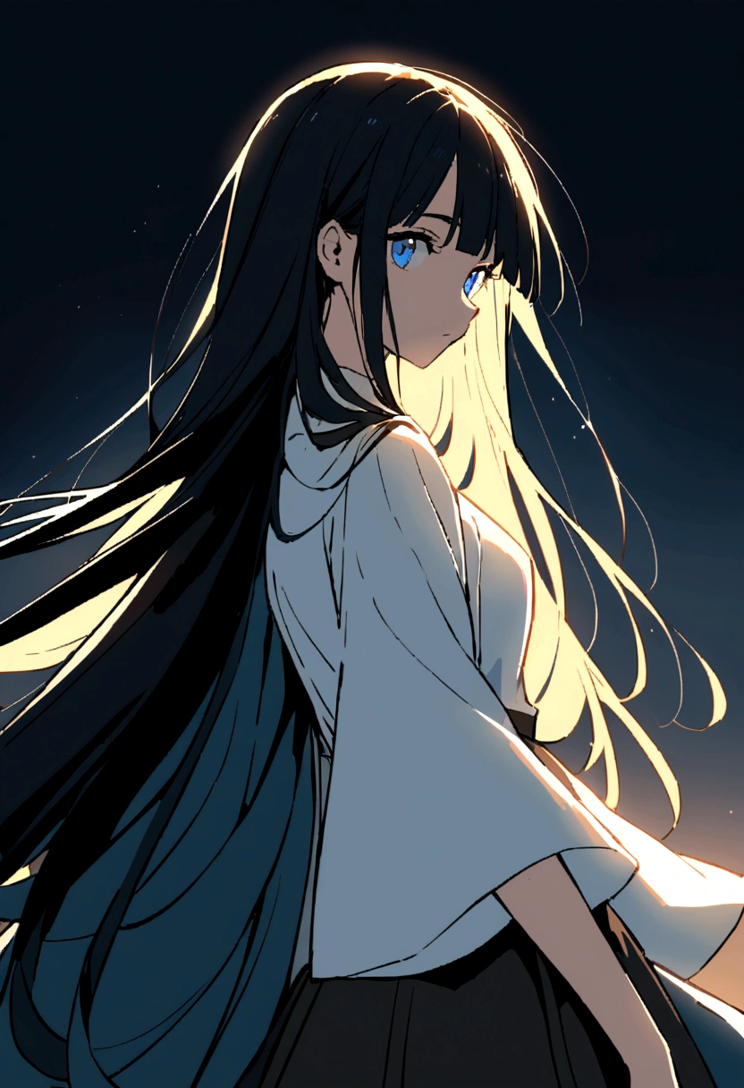 I want a 2D girl with long loose hair and black bangs, Blue eyes looking to the left side wearing a white blouse