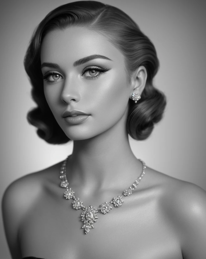 beautiful detailed eyes, beautiful detailed lips, extremely detailed face and skin, 1girl, full body, monochrome, 1950s hairstyle, 1950s makeup, jewelry, formal hairstyle, glamour, (best quality,4k,8k,highres,masterpiece:1.2),ultra-detailed,(realistic,photorealistic,photo-realistic:1.37),chiaroscuro lighting,dramatic lighting,cinematic lighting